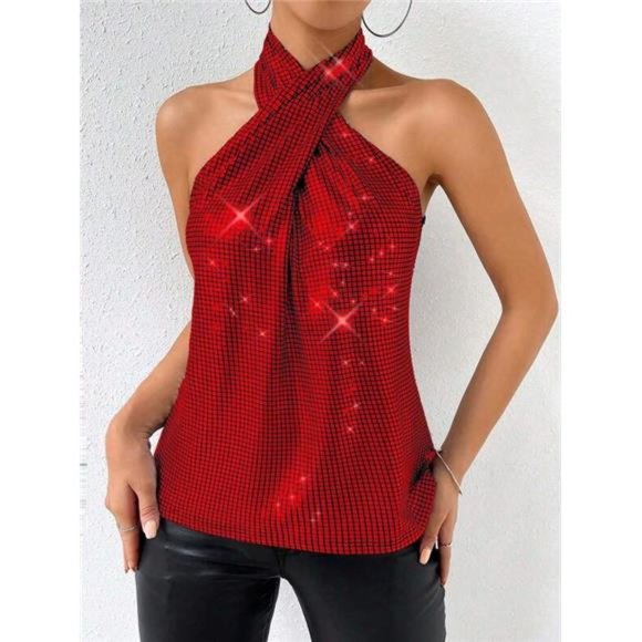Tops - Glitter Criss Cross Halter Tank Top- Red